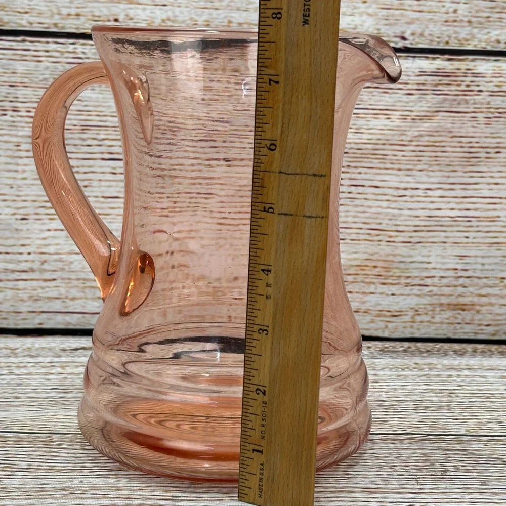Vintage Pink Depression Glass Pitcher Ringed Base Hand Blown 7.5‎ Inch Blush